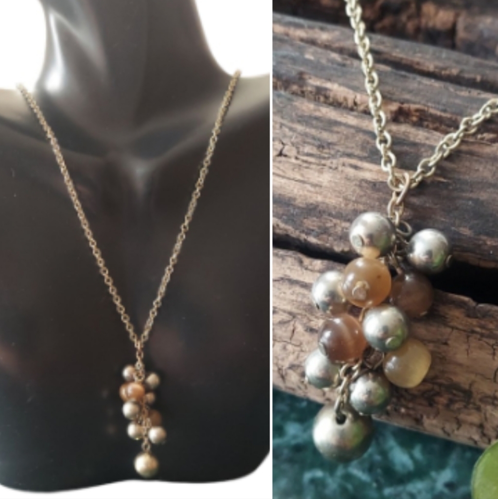 N2884 Dainty Vintage Gold Ball & Cats Eye Cluster Drop Necklace